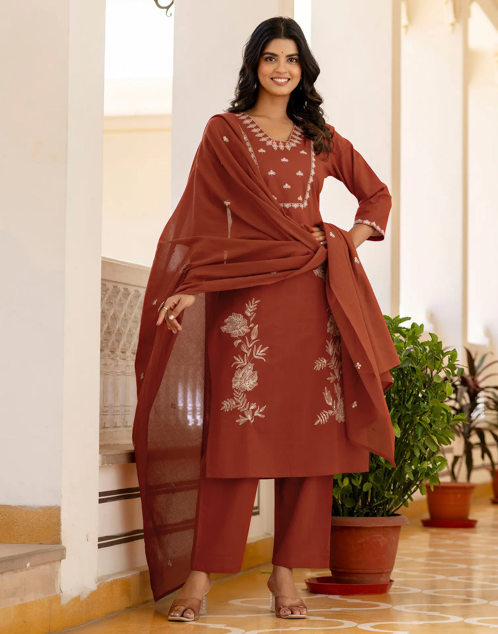 Cotton Embroidered Straight 3 Piece Kurta Set