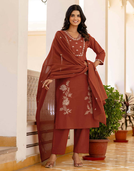 Cotton Embroidery and Sequins Work, Embroidery Lace Straight Kurta with Pant & Dupatta