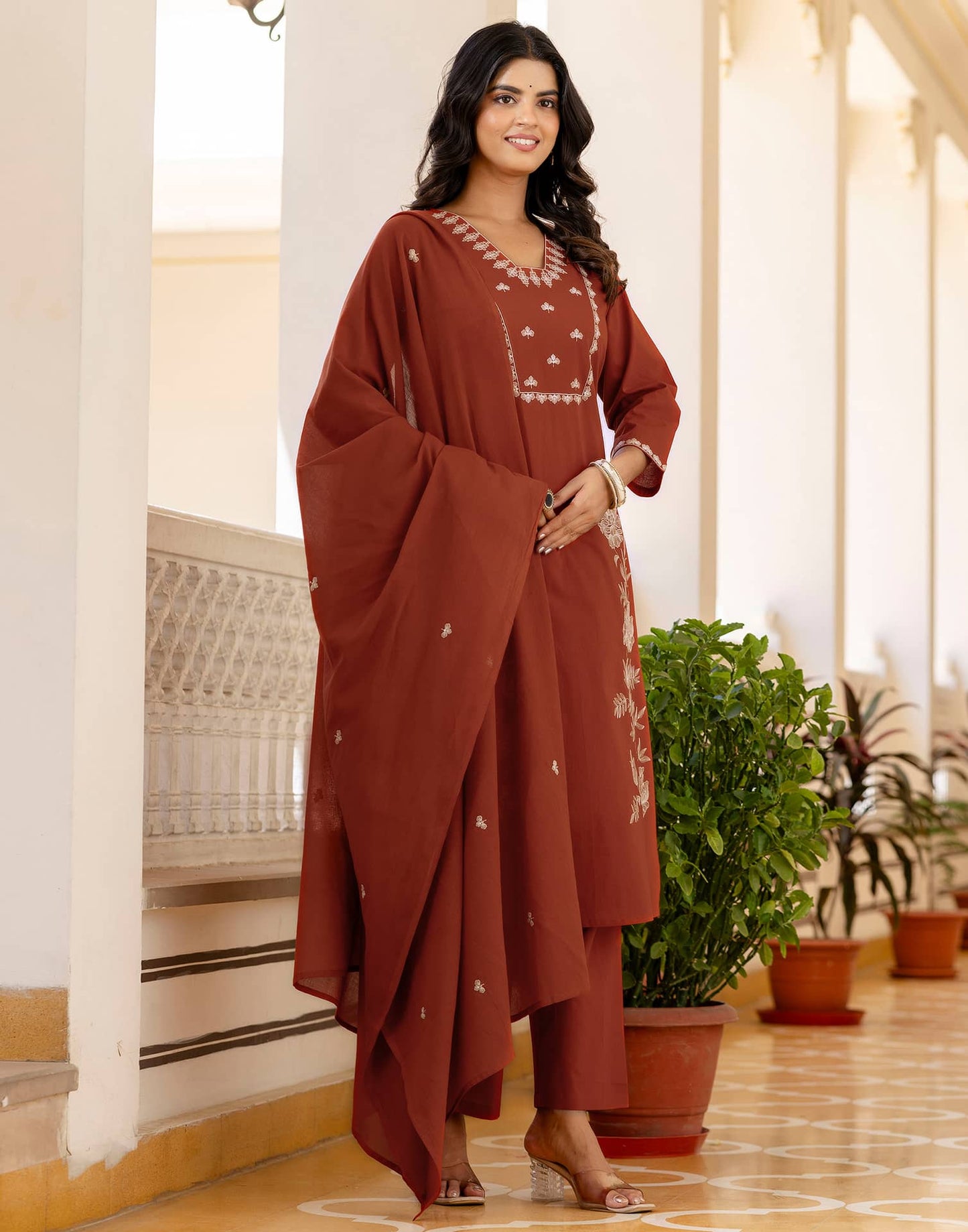 Cotton Embroidery and Sequins Work, Embroidery Lace Straight Kurta with Pant & Dupatta