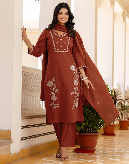 Cotton Embroidery and Sequins Work, Embroidery Lace Straight Kurta with Pant & Dupatta