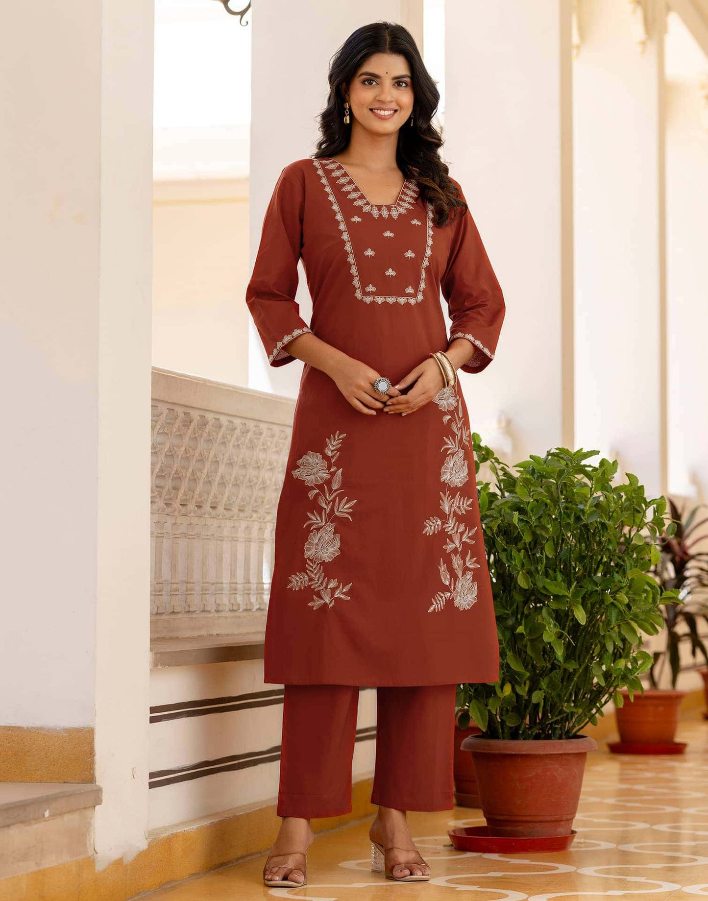 Cotton Embroidery and Sequins Work, Embroidery Lace Straight Kurta with Pant & Dupatta
