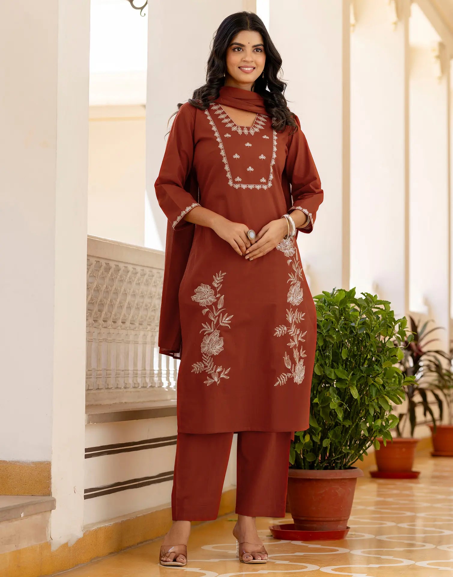 Cotton Embroidered Straight 3 Piece Kurta Set