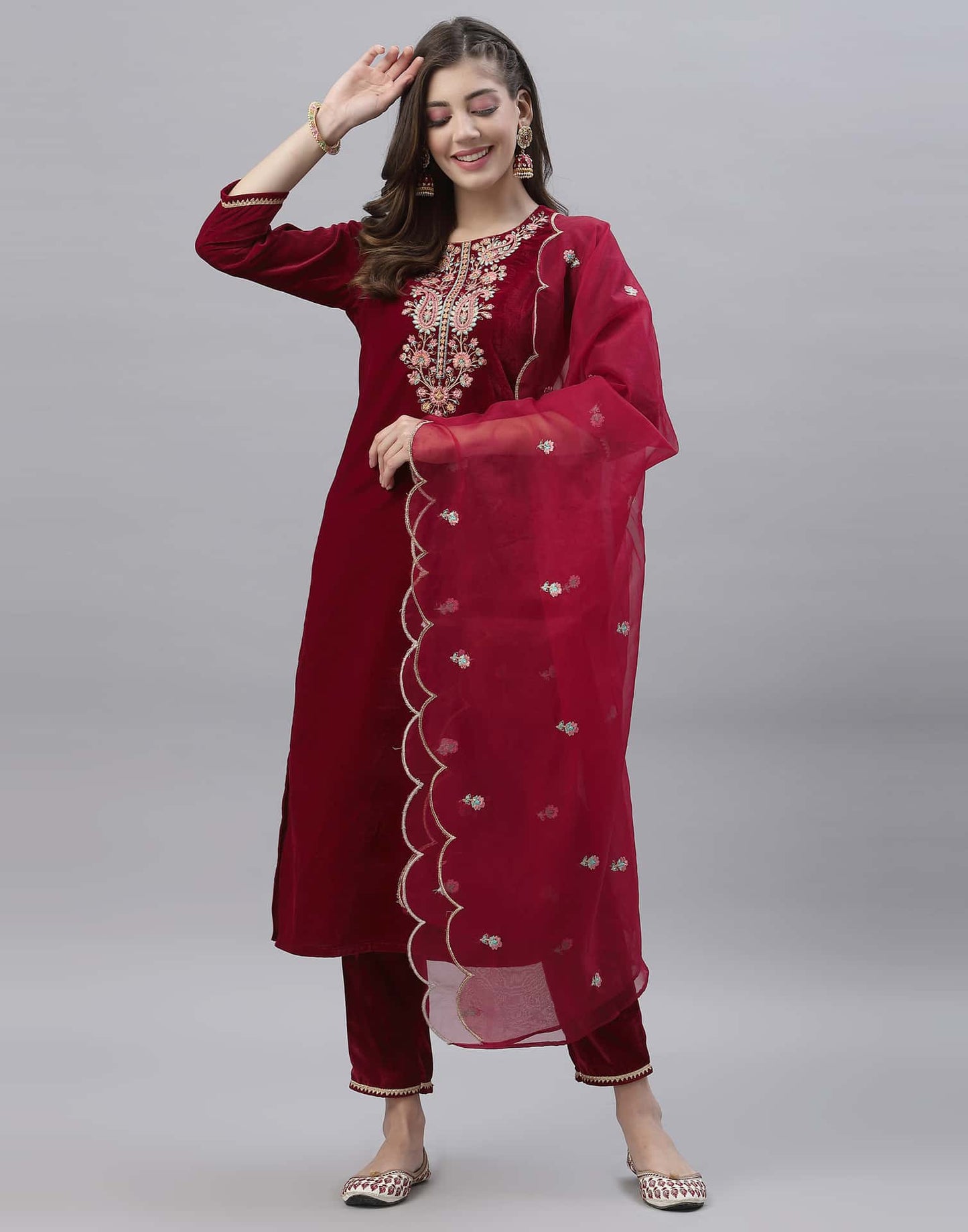 Velvet Embroidery Straight Kurta with Pant & Dupatta