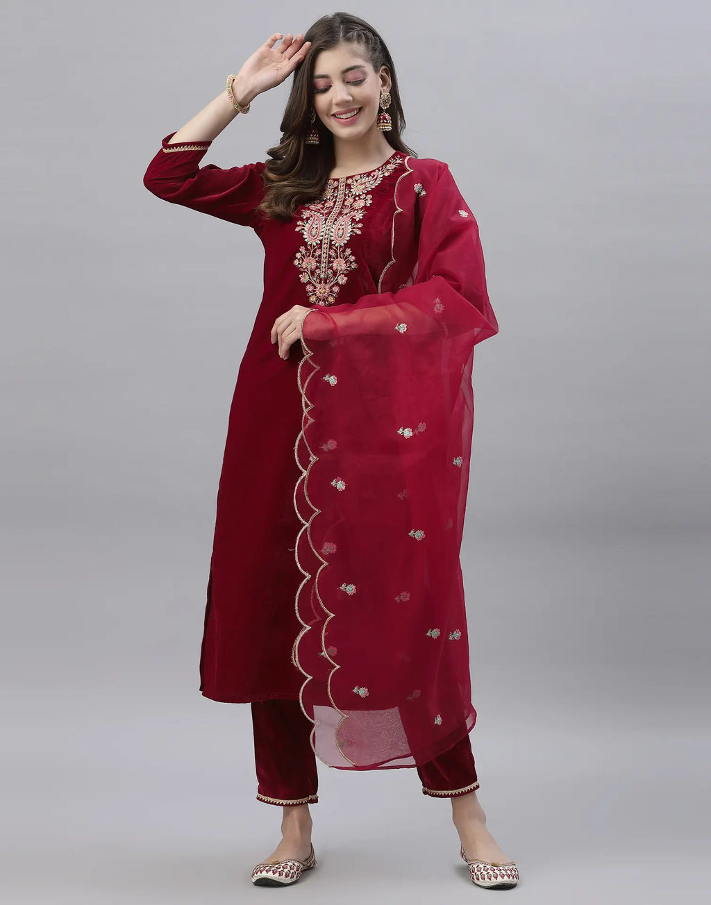 Velvet Embroidered Straight 3 Piece Kurta Set