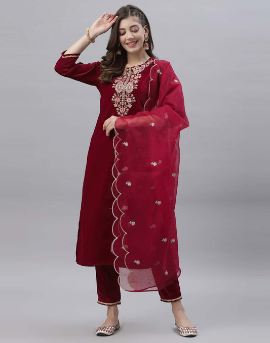 Velvet Embroidery Straight Kurta with Pant & Dupatta