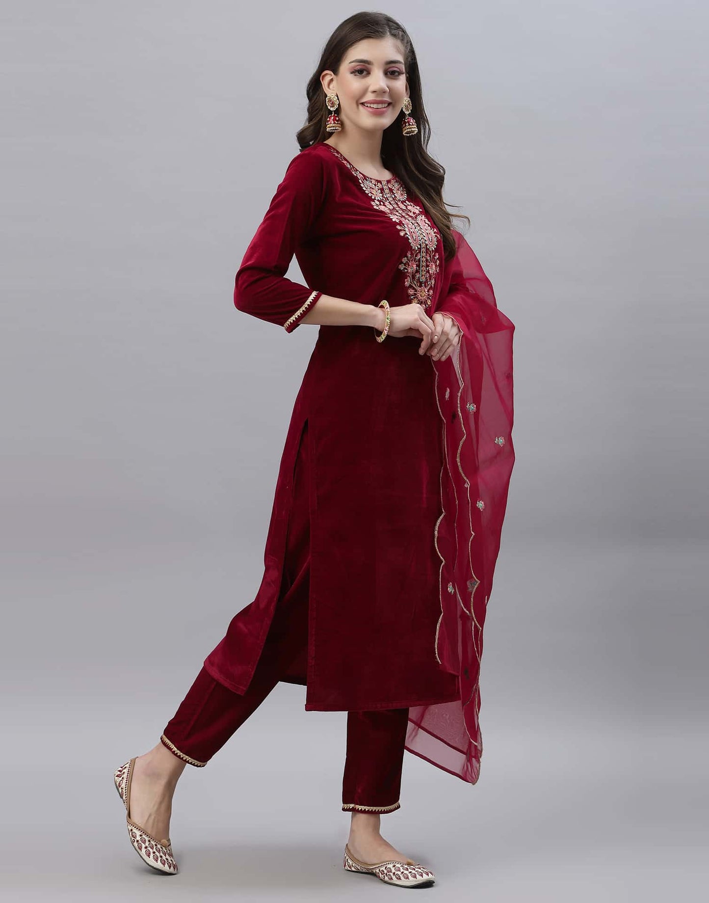 Velvet Embroidery Straight Kurta with Pant & Dupatta