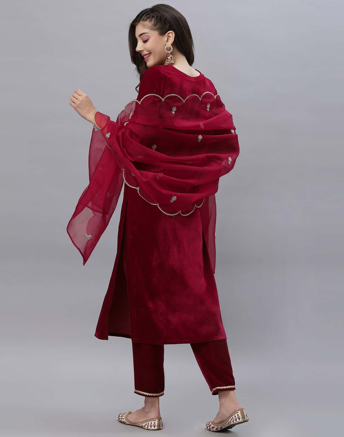 Velvet Embroidery Straight Kurta with Pant & Dupatta