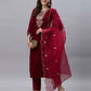 Velvet Embroidery Straight Kurta with Pant & Dupatta