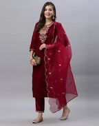 Velvet Embroidered Straight 3 Piece Kurta Set