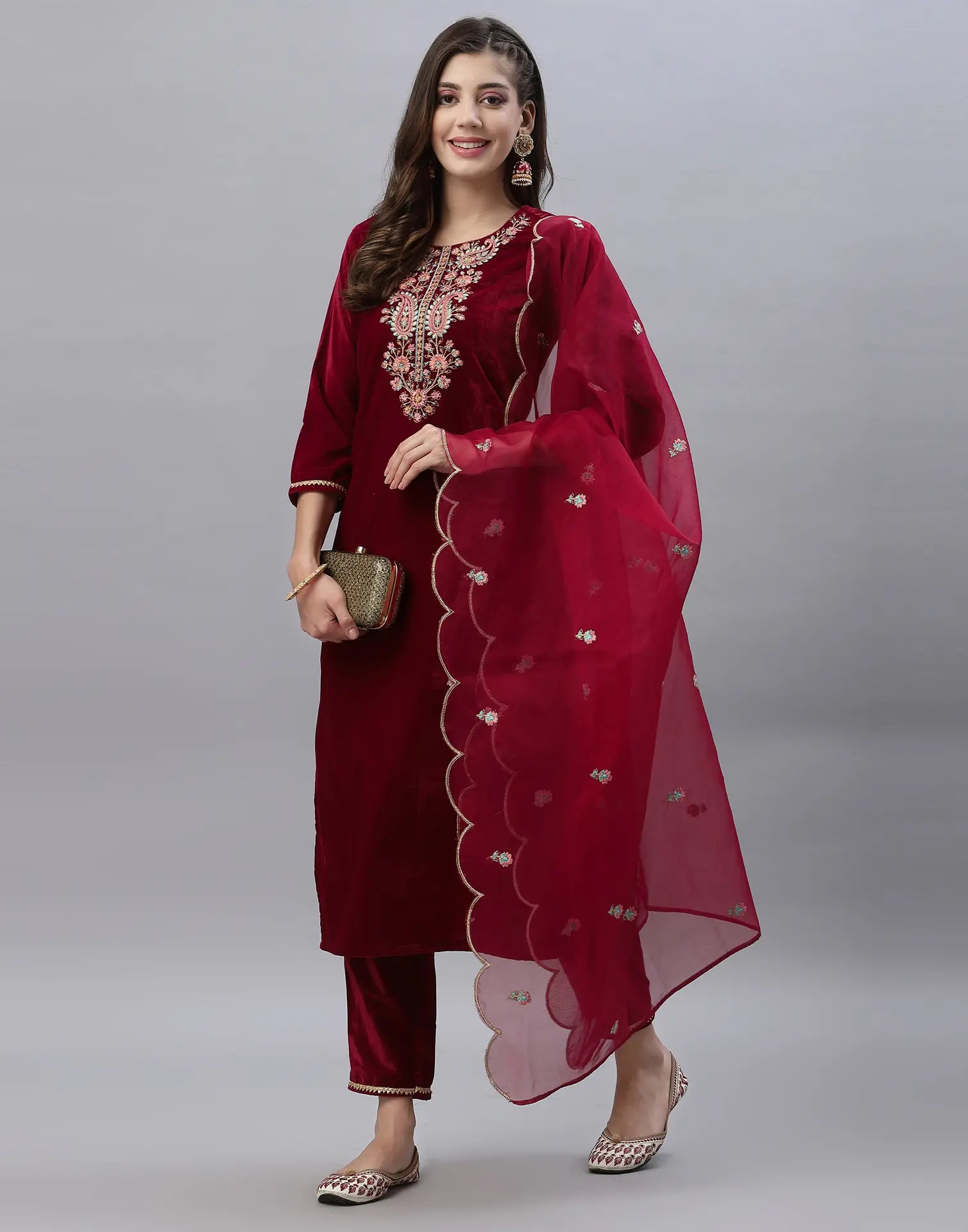 Velvet Embroidered Straight 3 Piece Kurta Set