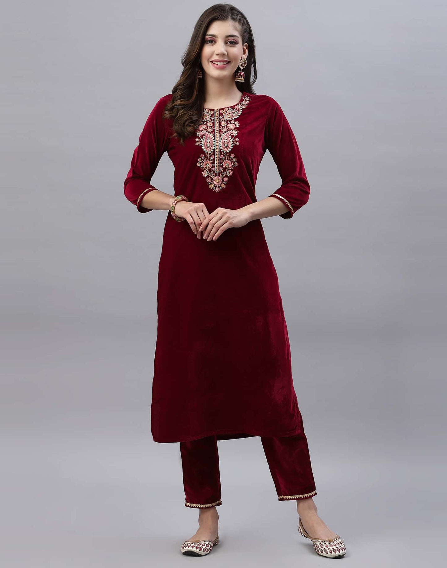 Velvet Embroidery Straight Kurta with Pant & Dupatta