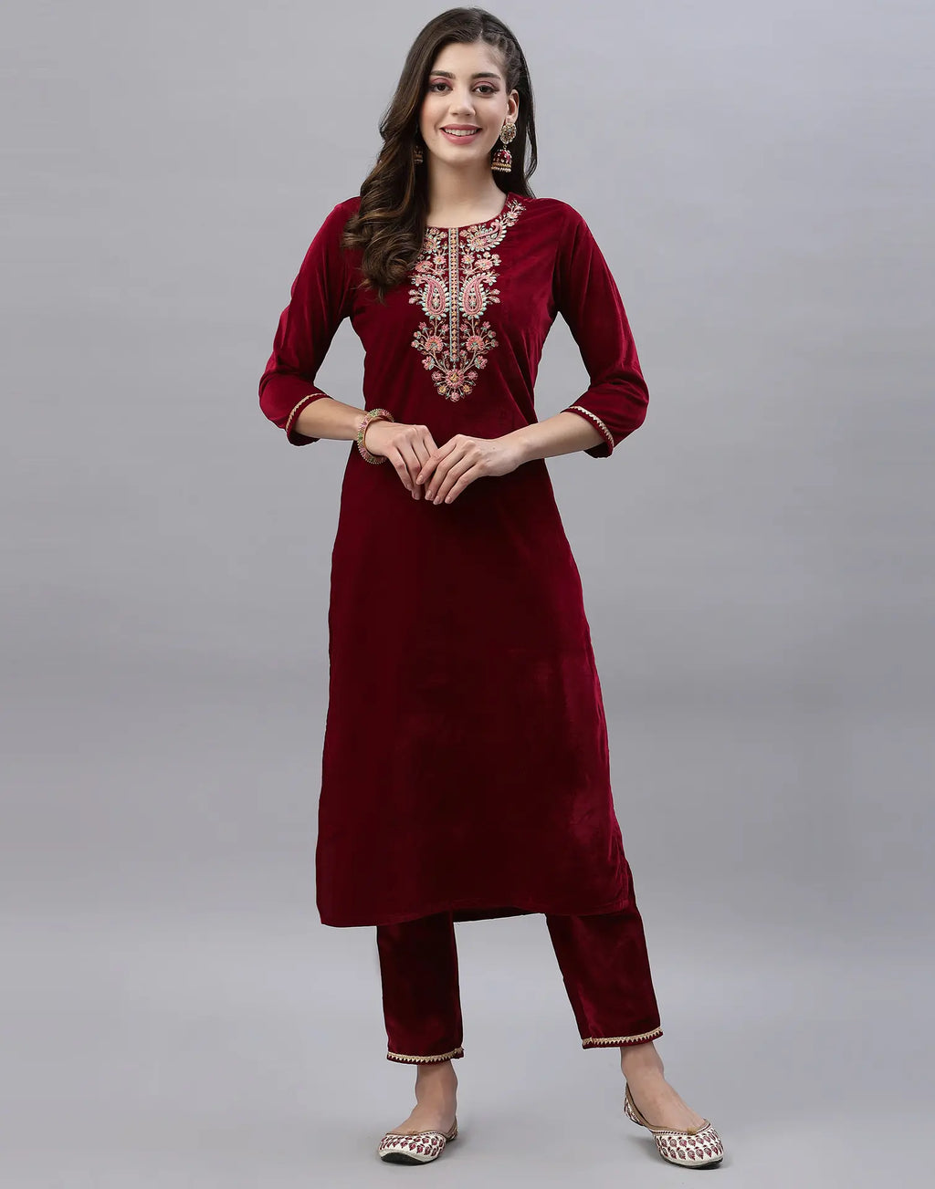 Velvet Embroidered Straight 3 Piece Kurta Set