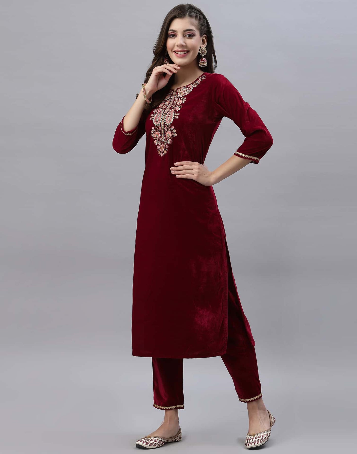 Velvet Embroidery Straight Kurta with Pant & Dupatta