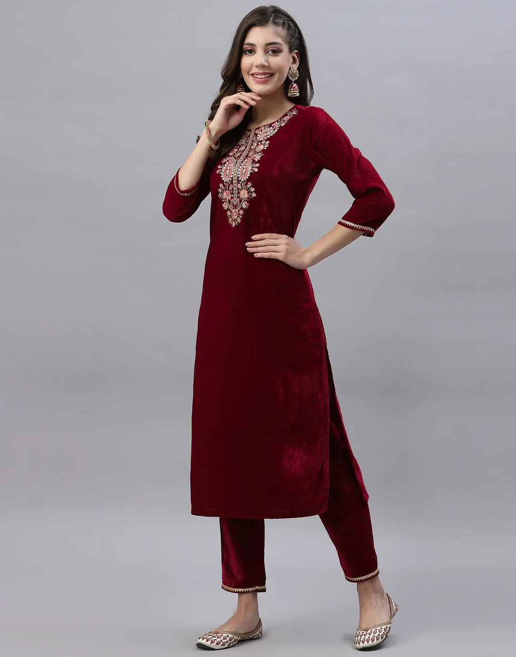 Velvet Embroidered Straight 3 Piece Kurta Set