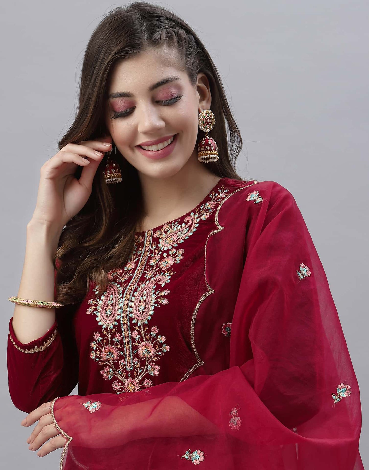 Velvet Embroidery Straight Kurta with Pant & Dupatta