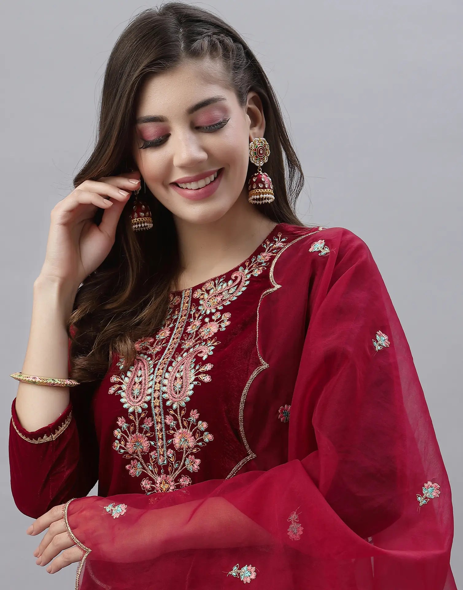 Velvet Embroidered Straight 3 Piece Kurta Set