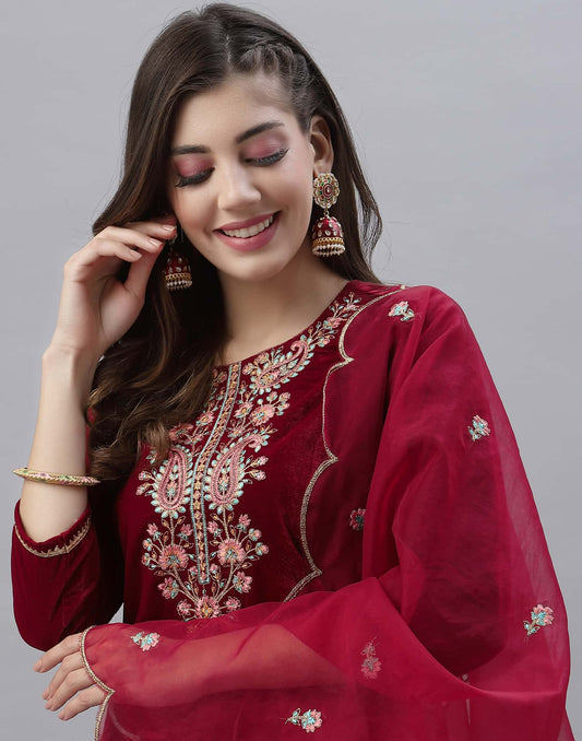 Velvet Embroidery Straight Kurta with Pant & Dupatta