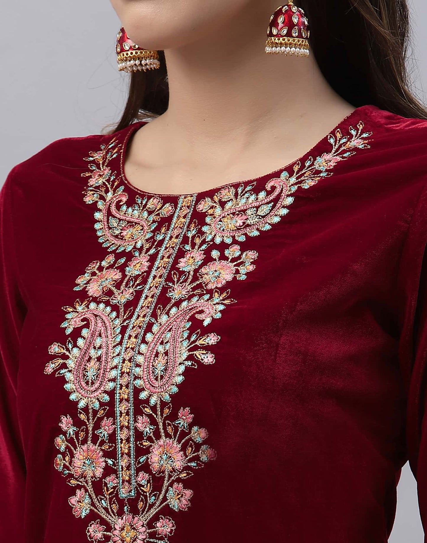 Velvet Embroidery Straight Kurta with Pant & Dupatta