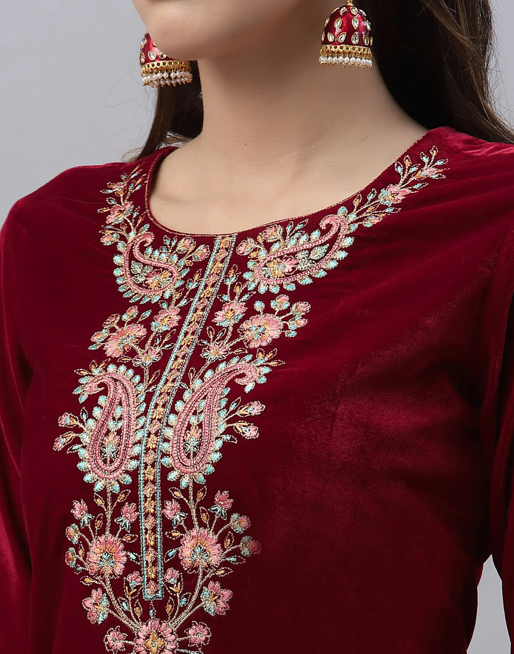 Velvet Embroidered Straight 3 Piece Kurta Set