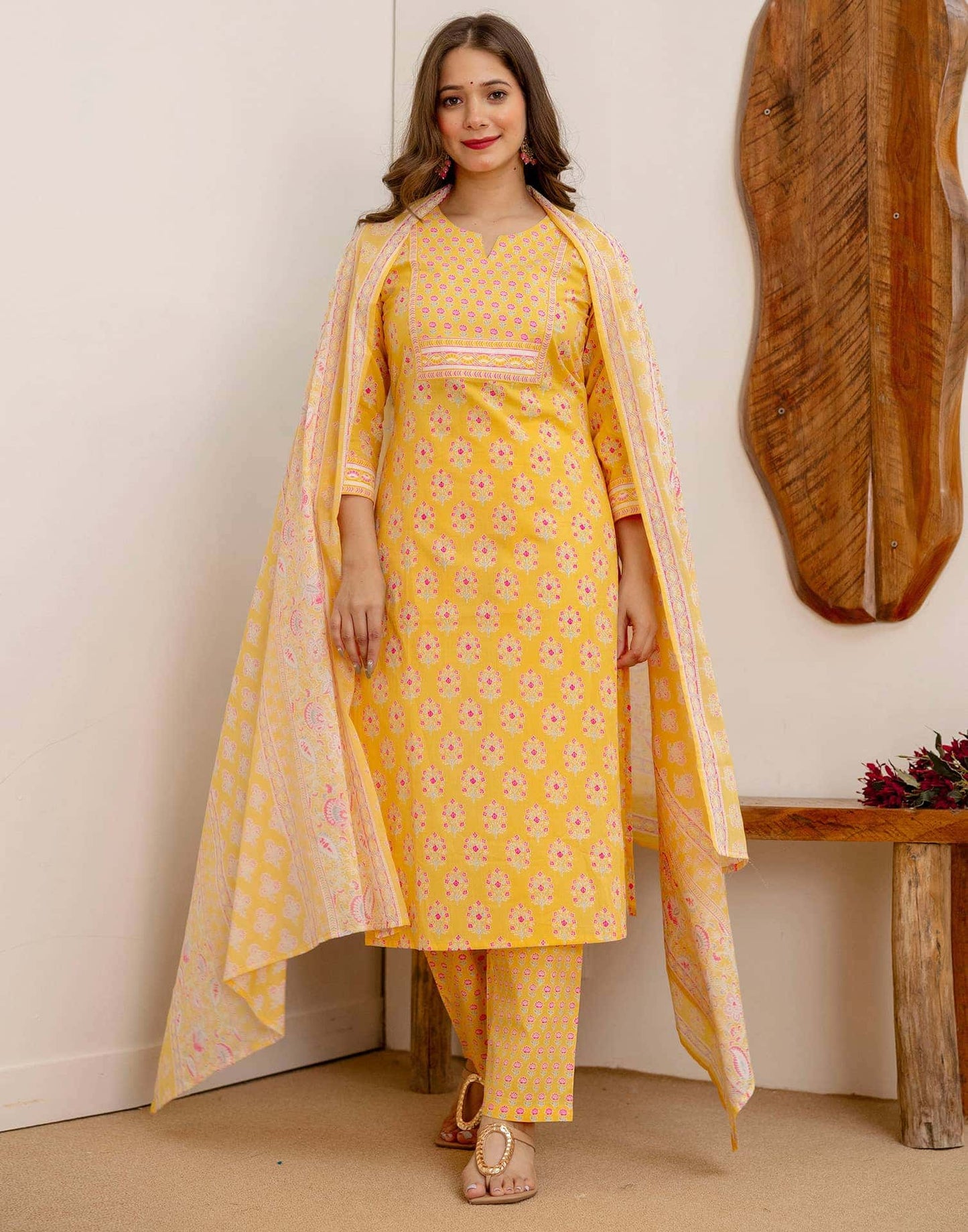 Cotton Printed Straight Kurta with Pant & Dupatta