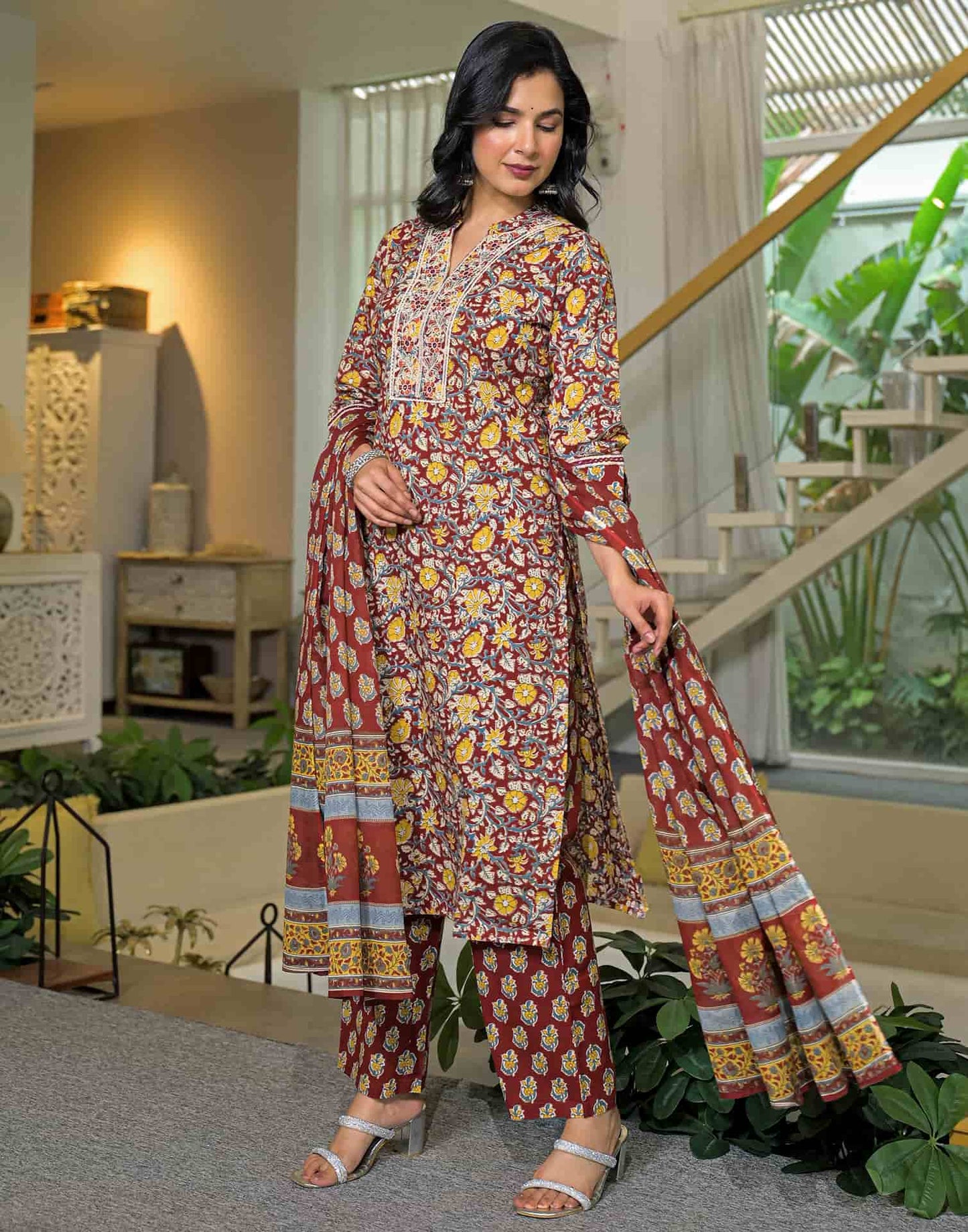 Cotton Printed Straight Kurta with Pant & Dupatta