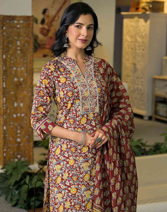 Cotton Printed Straight Kurta with Pant & Dupatta