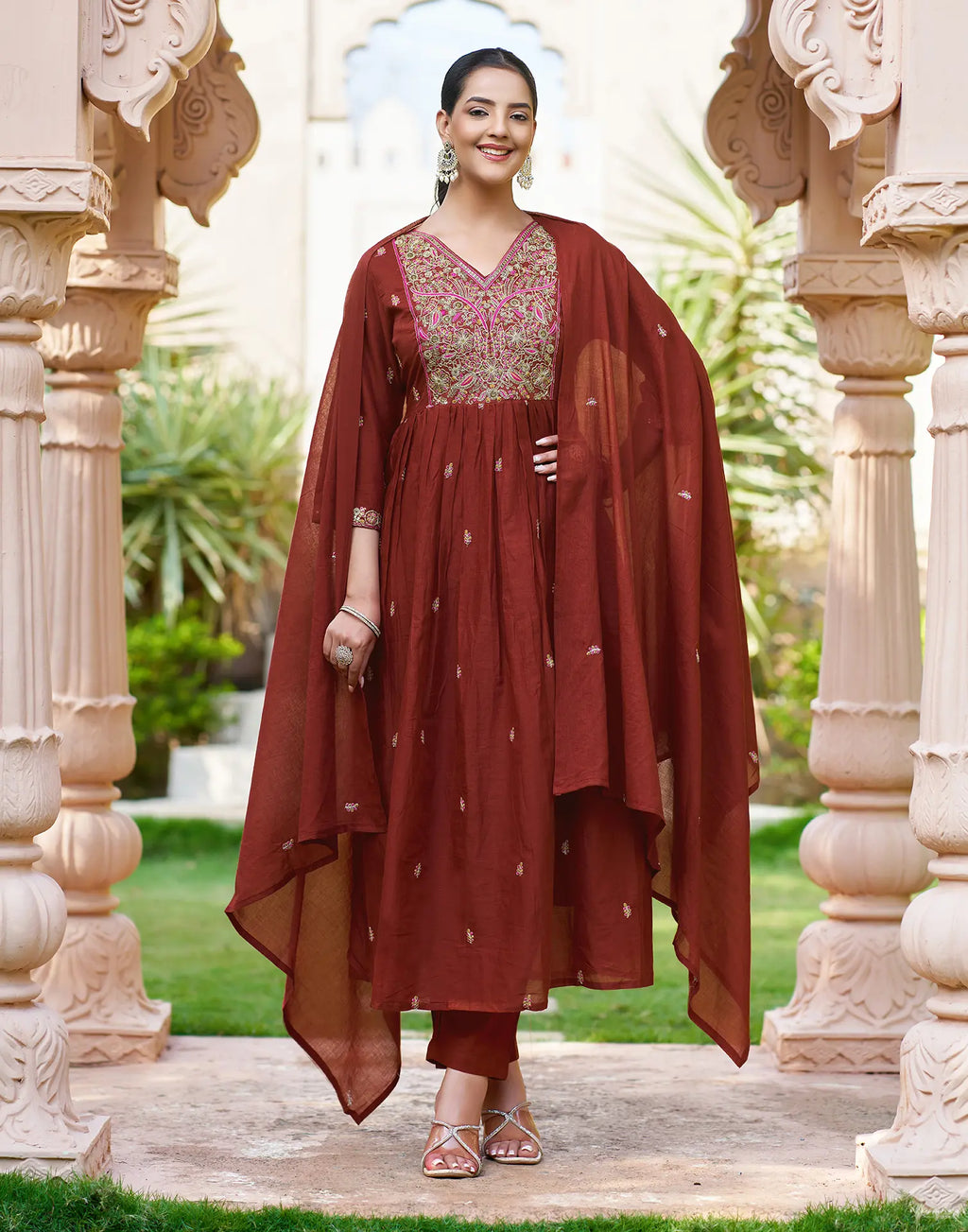 Cocoa Brown V-Neck Embroidered Anarkali 3 Piece Kurta Set with Dupatta