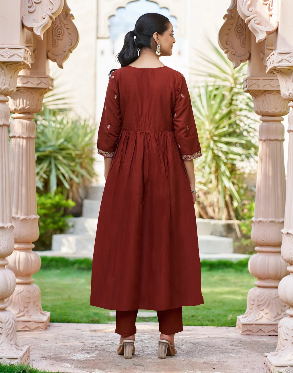 Cocoa Brown V-Neck Embroidered Anarkali 3 Piece Kurta Set with Dupatta