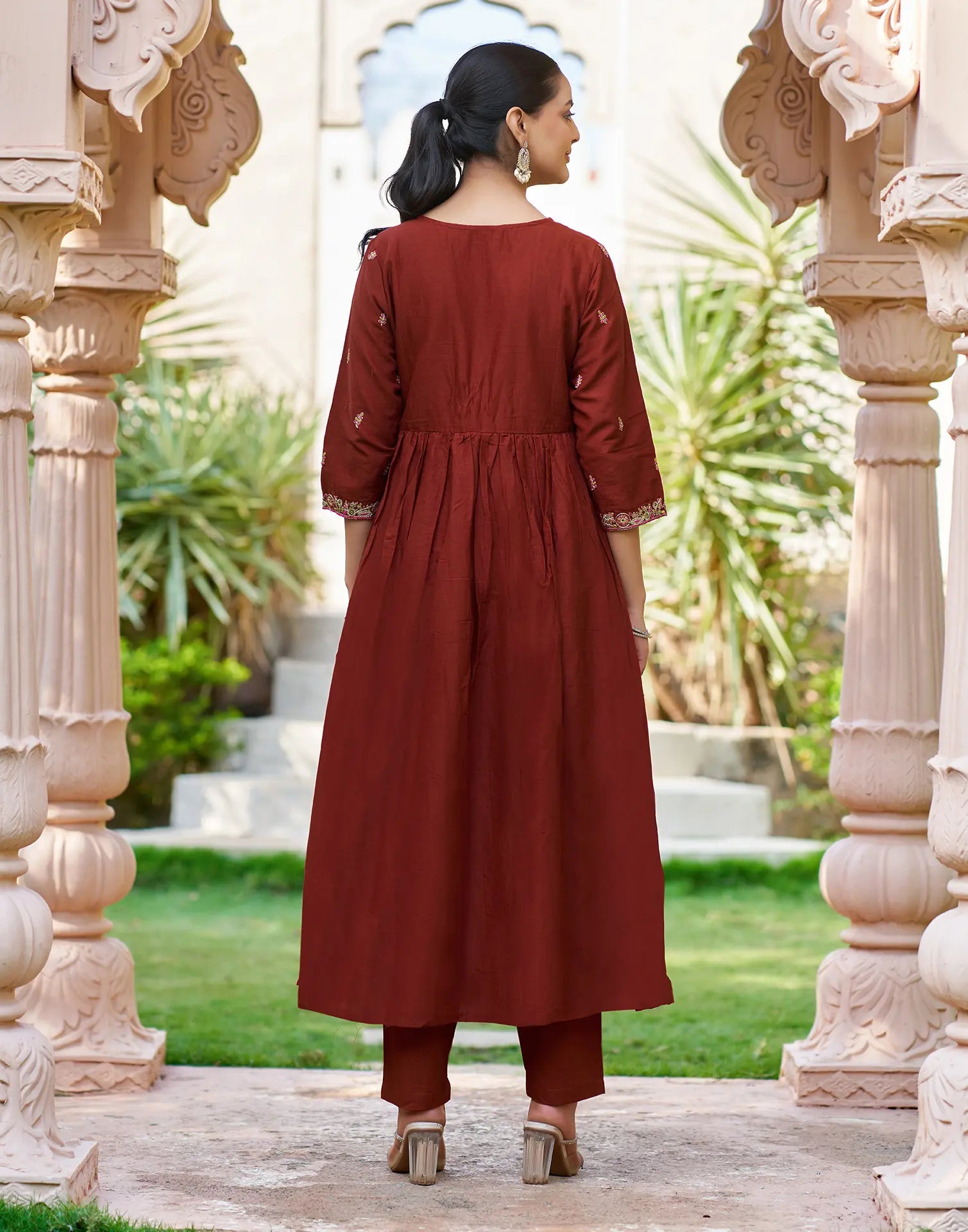 Cocoa Brown V-Neck Embroidered Anarkali 3 Piece Kurta Set with Dupatta