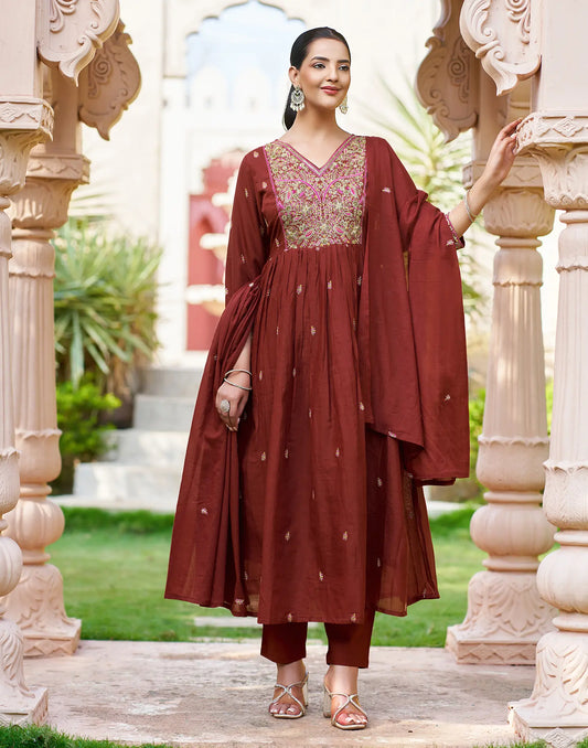 Cocoa Brown V-Neck Embroidery Anarkali 3 Piece Kurta Set With Dupatta