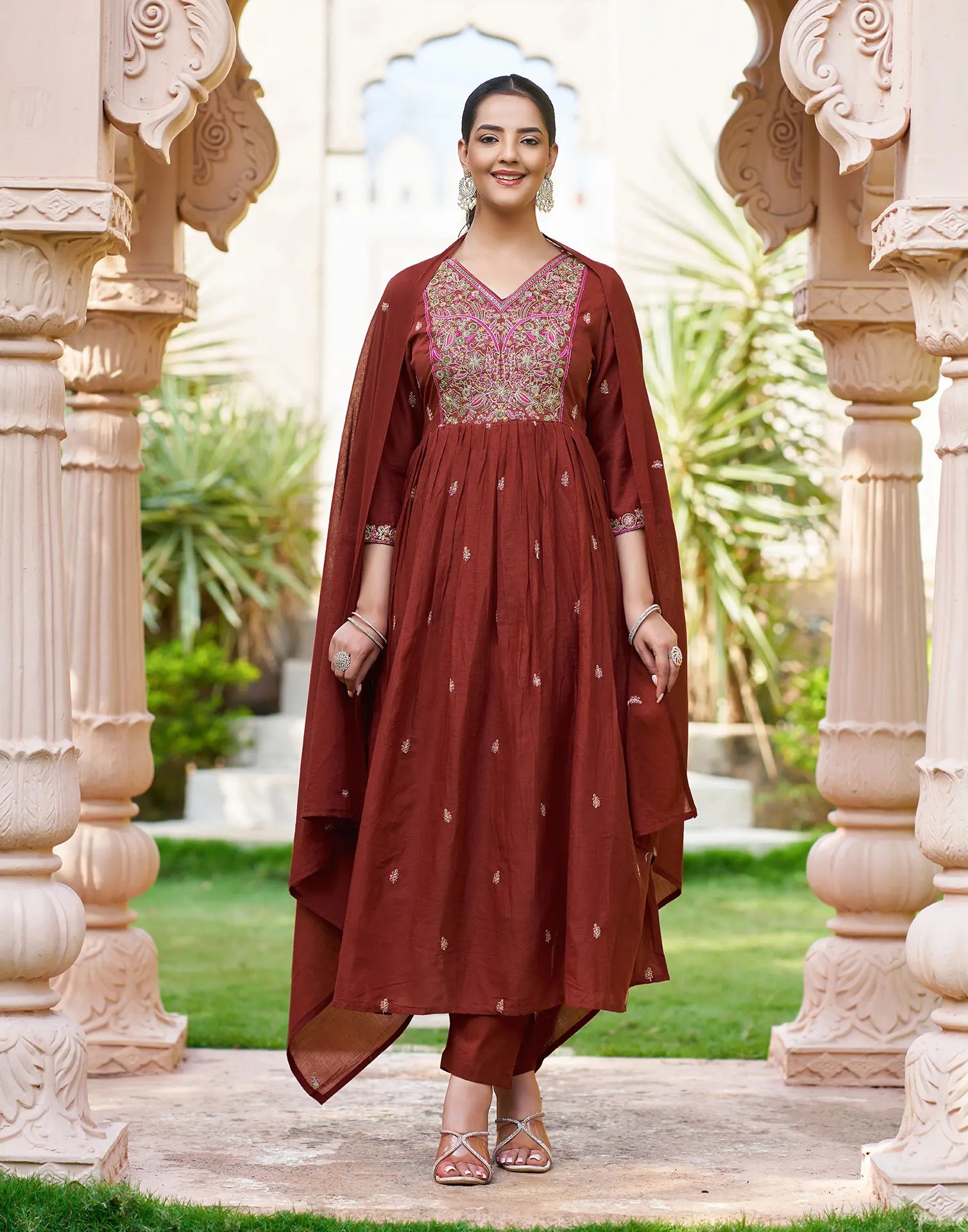 Cocoa Brown V-Neck Embroidered Anarkali 3 Piece Kurta Set with Dupatta