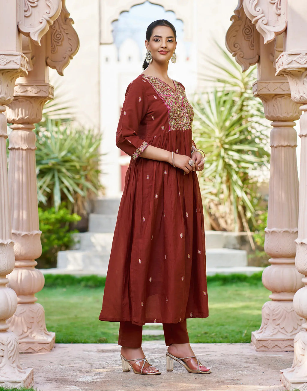 Cocoa Brown V-Neck Embroidered Anarkali 3 Piece Kurta Set with Dupatta