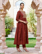 Cocoa Brown V-Neck Embroidered Anarkali 3 Piece Kurta Set with Dupatta