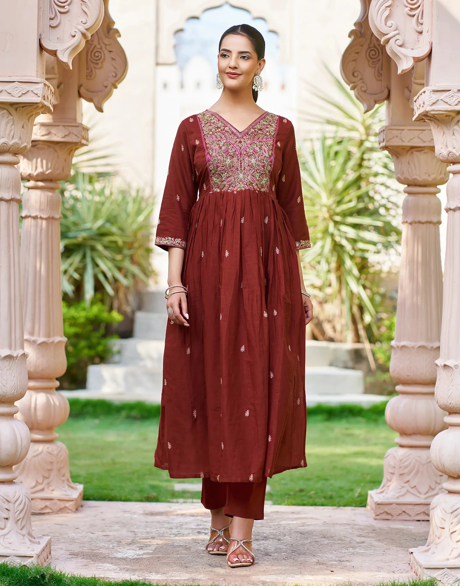 Cocoa Brown V-Neck Embroidered Anarkali 3 Piece Kurta Set with Dupatta
