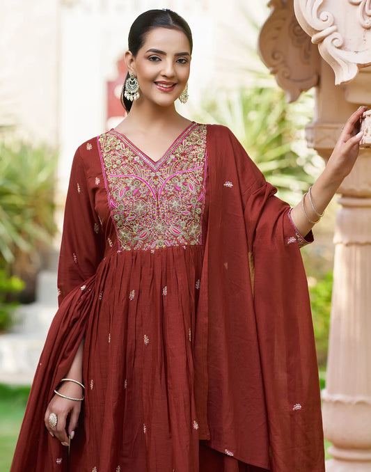 Cocoa Brown V-Neck Embroidery Anarkali 3 Piece Kurta Set With Dupatta