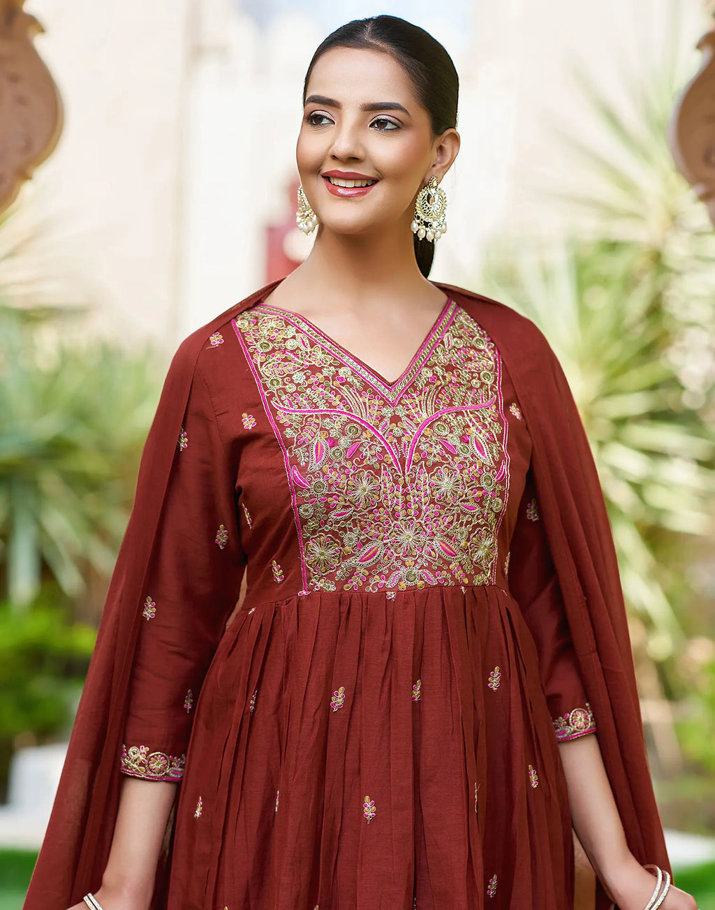 Cocoa Brown V-Neck Embroidered Anarkali 3 Piece Kurta Set with Dupatta