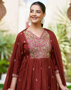 Cocoa Brown V-Neck Embroidered Anarkali 3 Piece Kurta Set with Dupatta