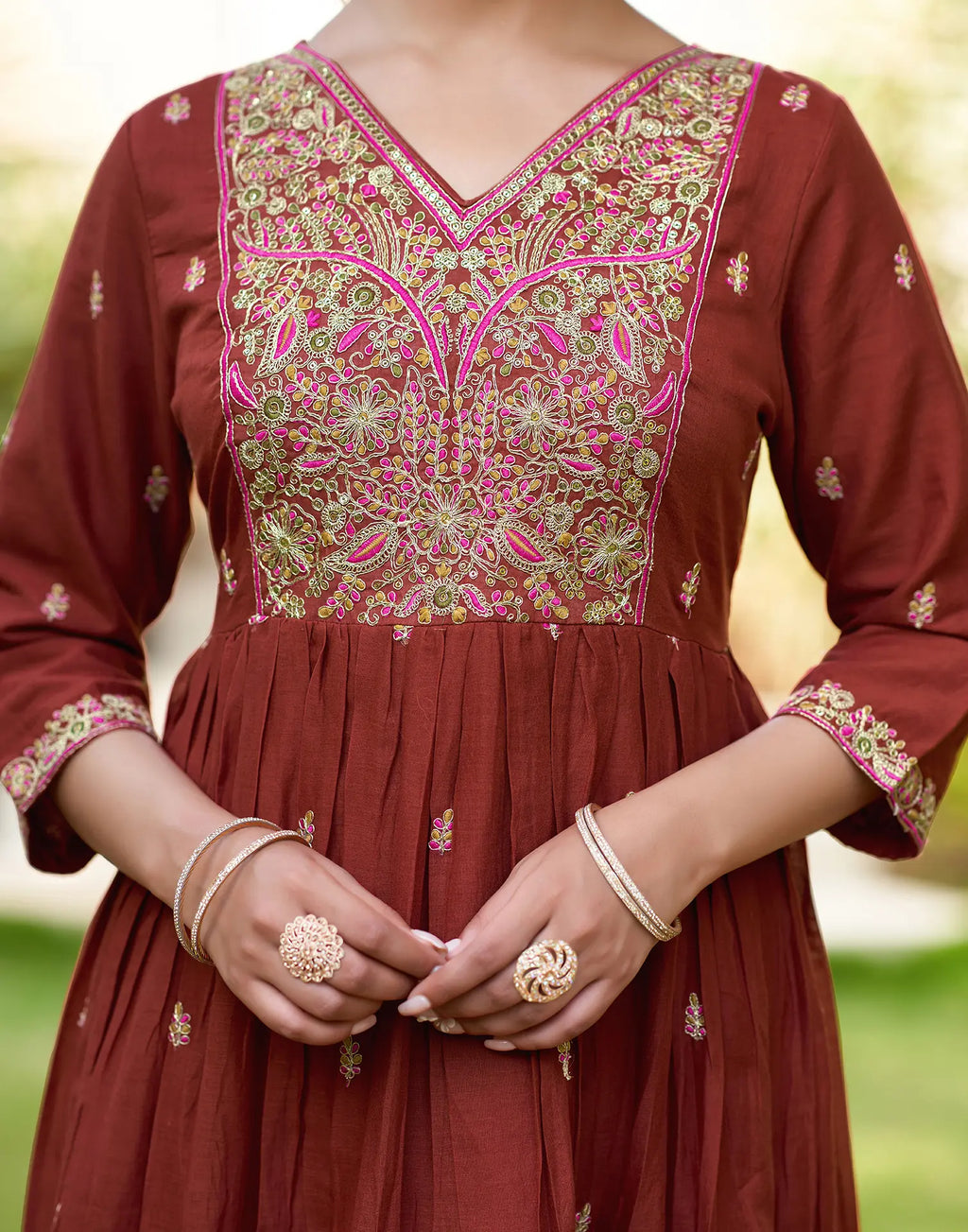 Cocoa Brown V-Neck Embroidered Anarkali 3 Piece Kurta Set with Dupatta