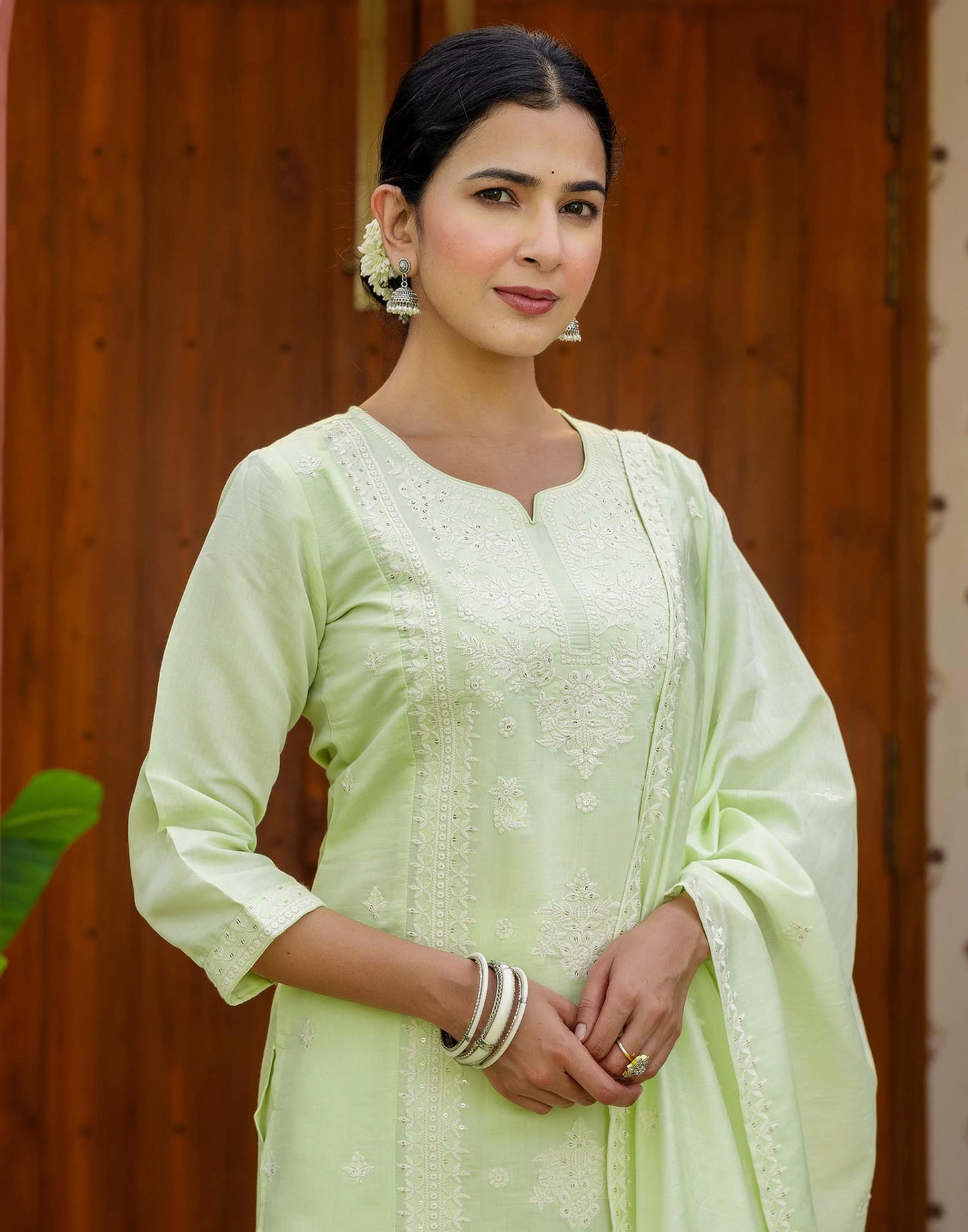 Silk Blend Embroidered Straight Kurta with Pant & Dupatta