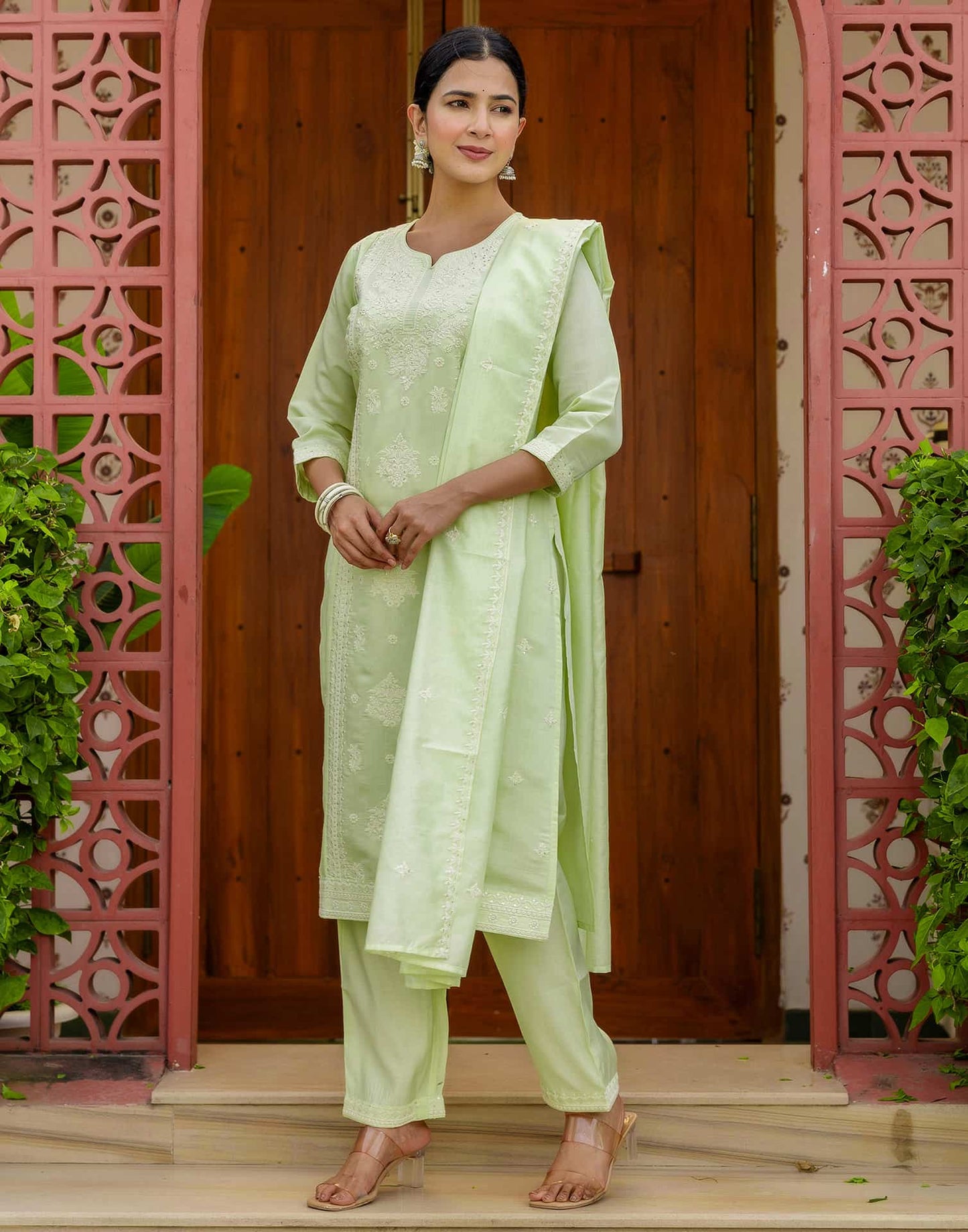 Silk Blend Embroidered Straight Kurta with Pant & Dupatta