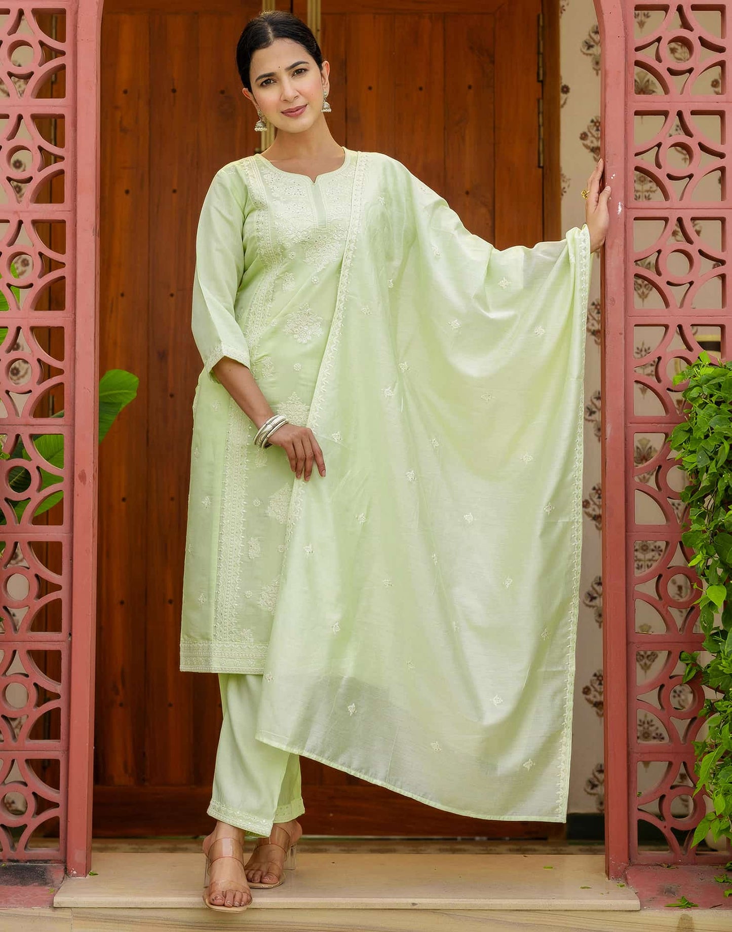 Silk Blend Embroidered Straight Kurta with Pant & Dupatta