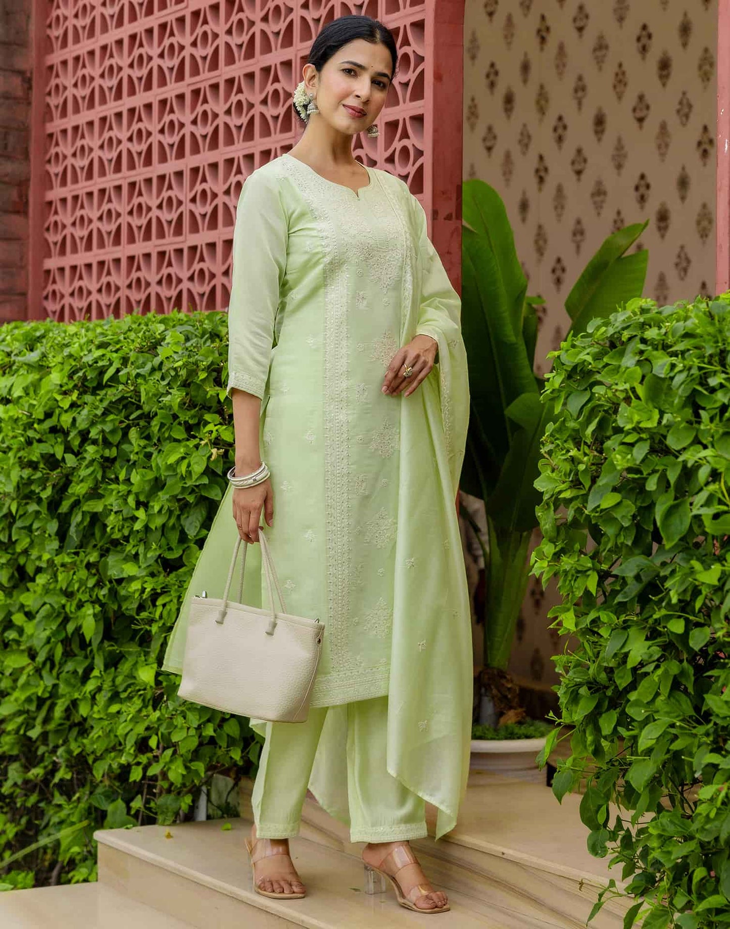Silk Blend Embroidered Straight Kurta with Pant & Dupatta