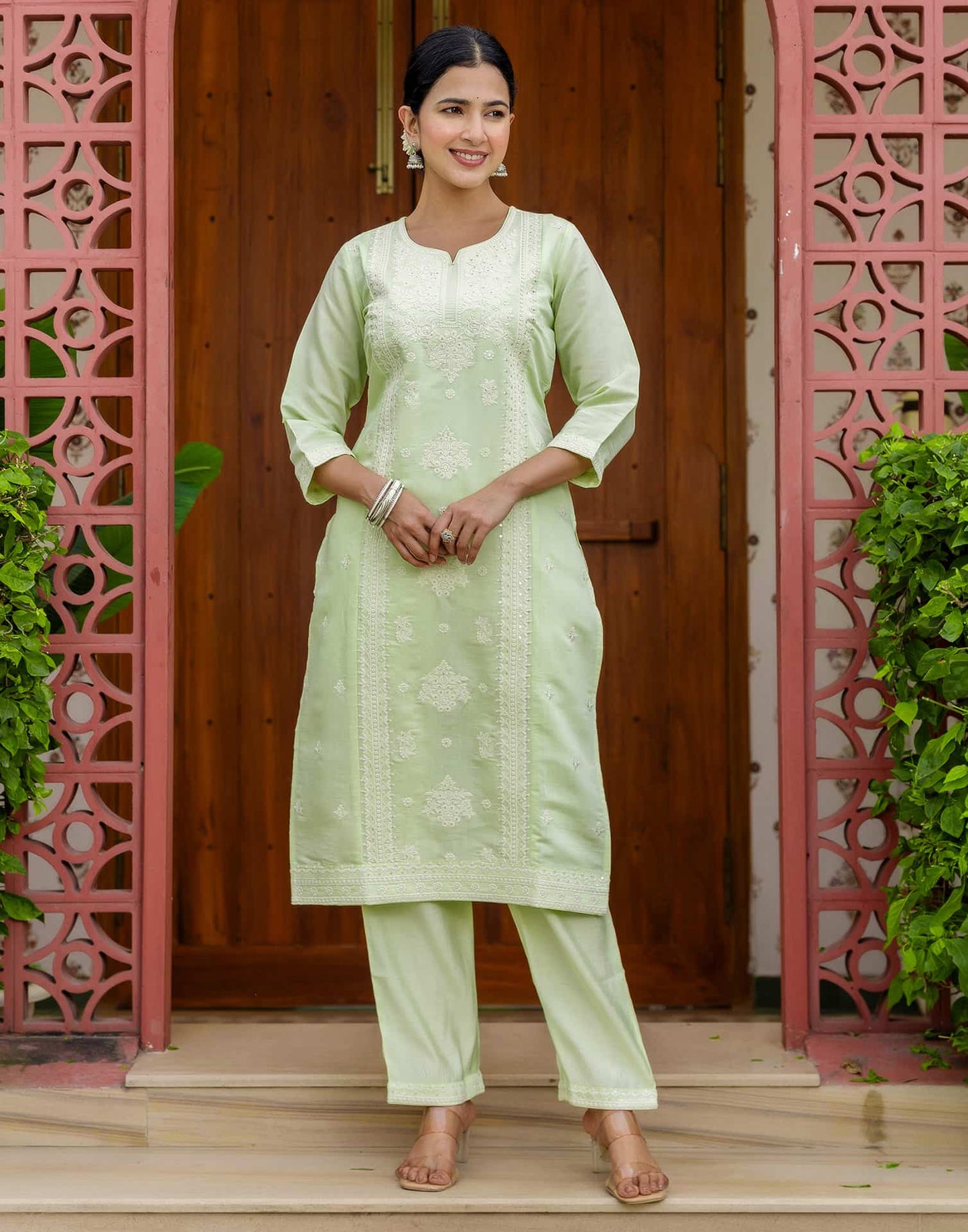Silk Blend Embroidered Straight Kurta with Pant & Dupatta