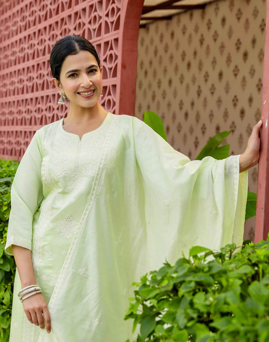 Silk Blend Embroidered Straight Kurta with Pant & Dupatta