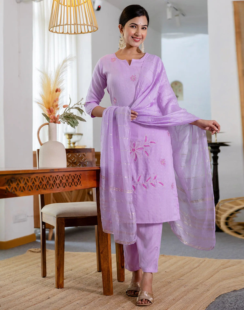 Silk Blend Embroidered Straight 3 Piece Kurta Set