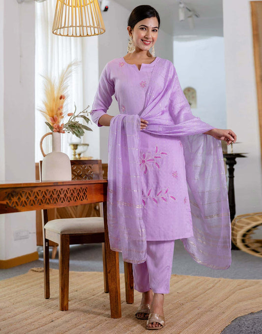 Rayon Embroidery Work and Woven Stripe Straight Kurta with Pant & Dupatta