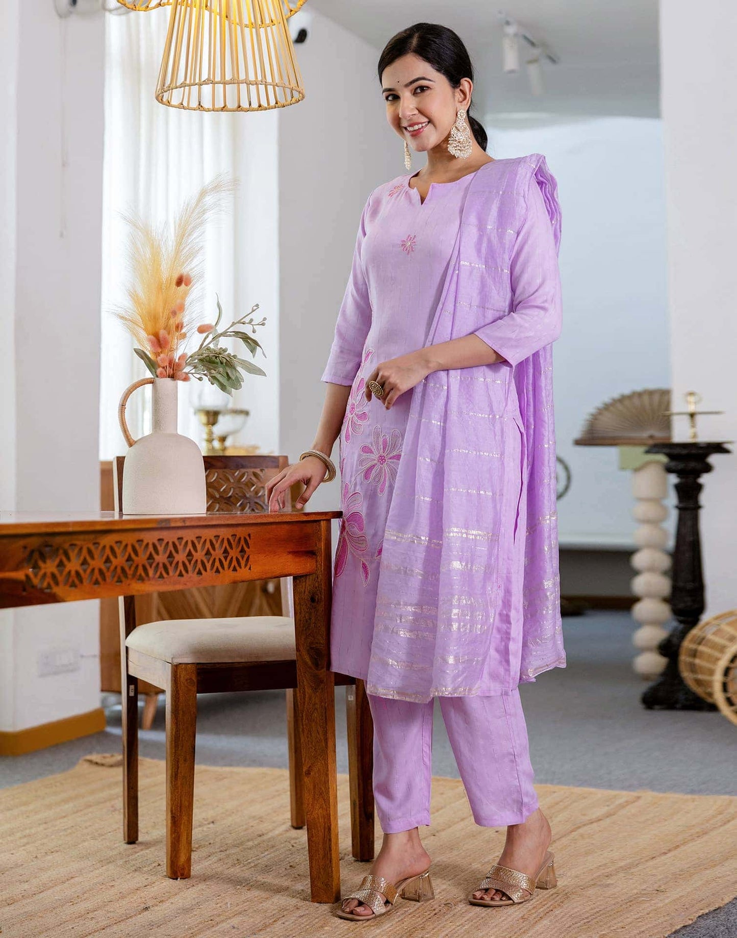 Rayon Embroidery Work and Woven Stripe Straight Kurta with Pant & Dupatta