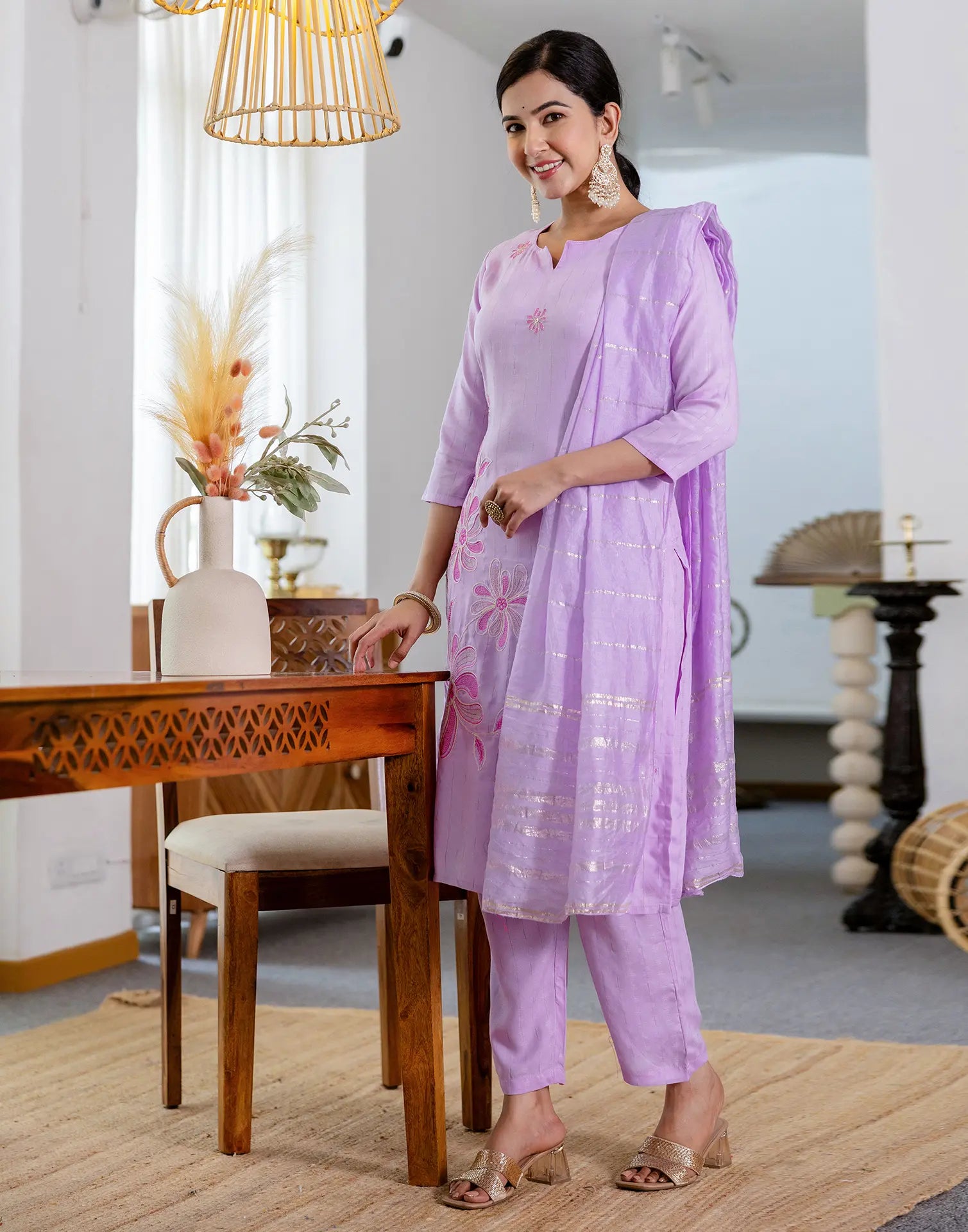 Silk Blend Embroidered Straight 3 Piece Kurta Set