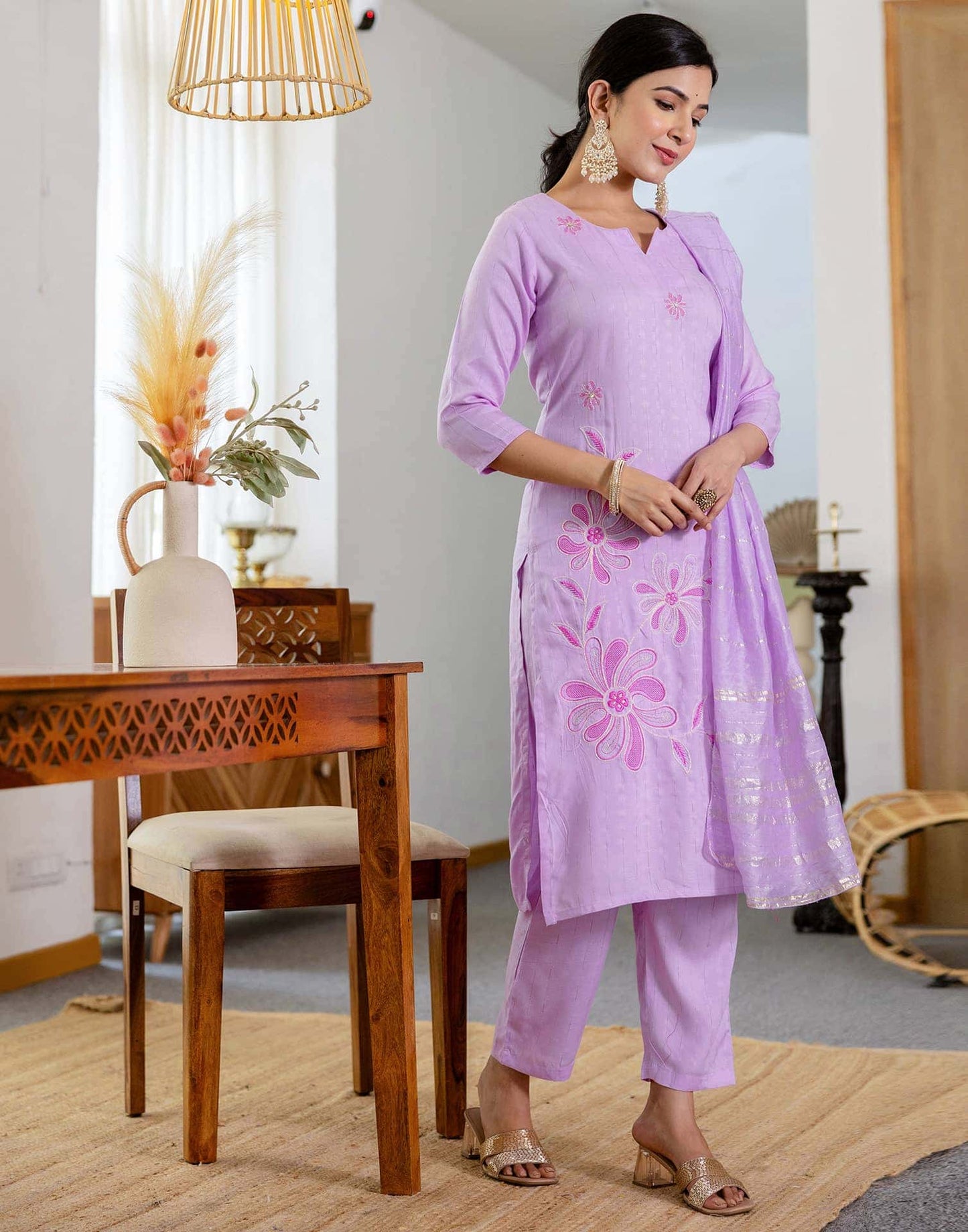 Rayon Embroidery Work and Woven Stripe Straight Kurta with Pant & Dupatta