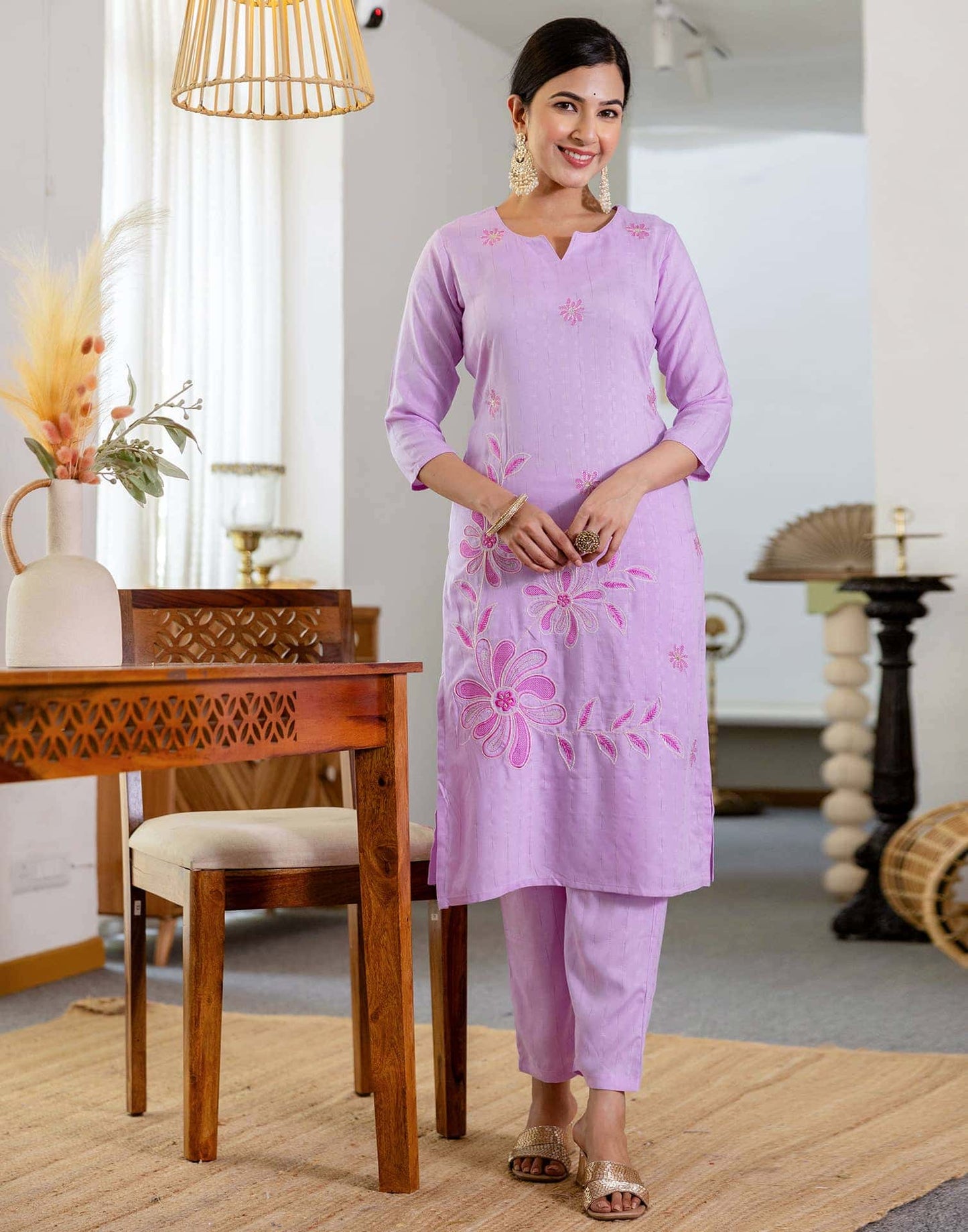 Rayon Embroidery Work and Woven Stripe Straight Kurta with Pant & Dupatta